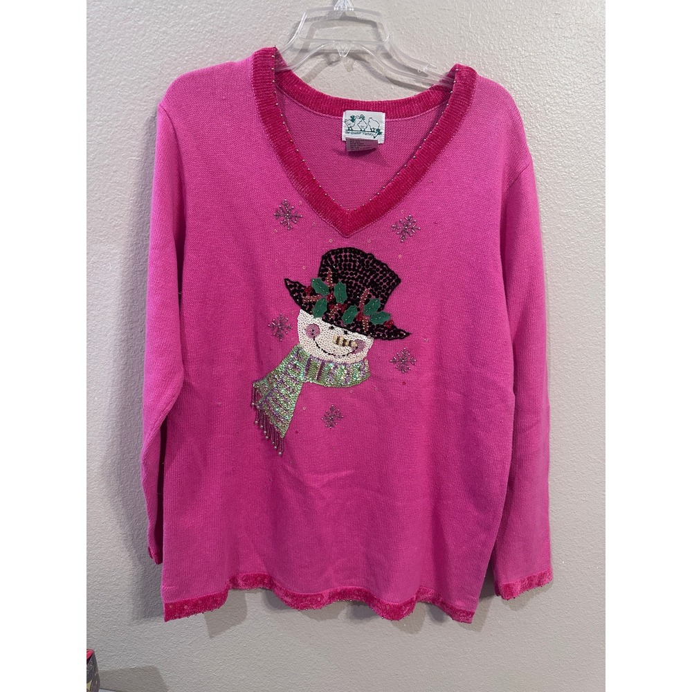 The‎ Quacker Factory Pink Snowman Embellished Ugly Christmas Sweater Large